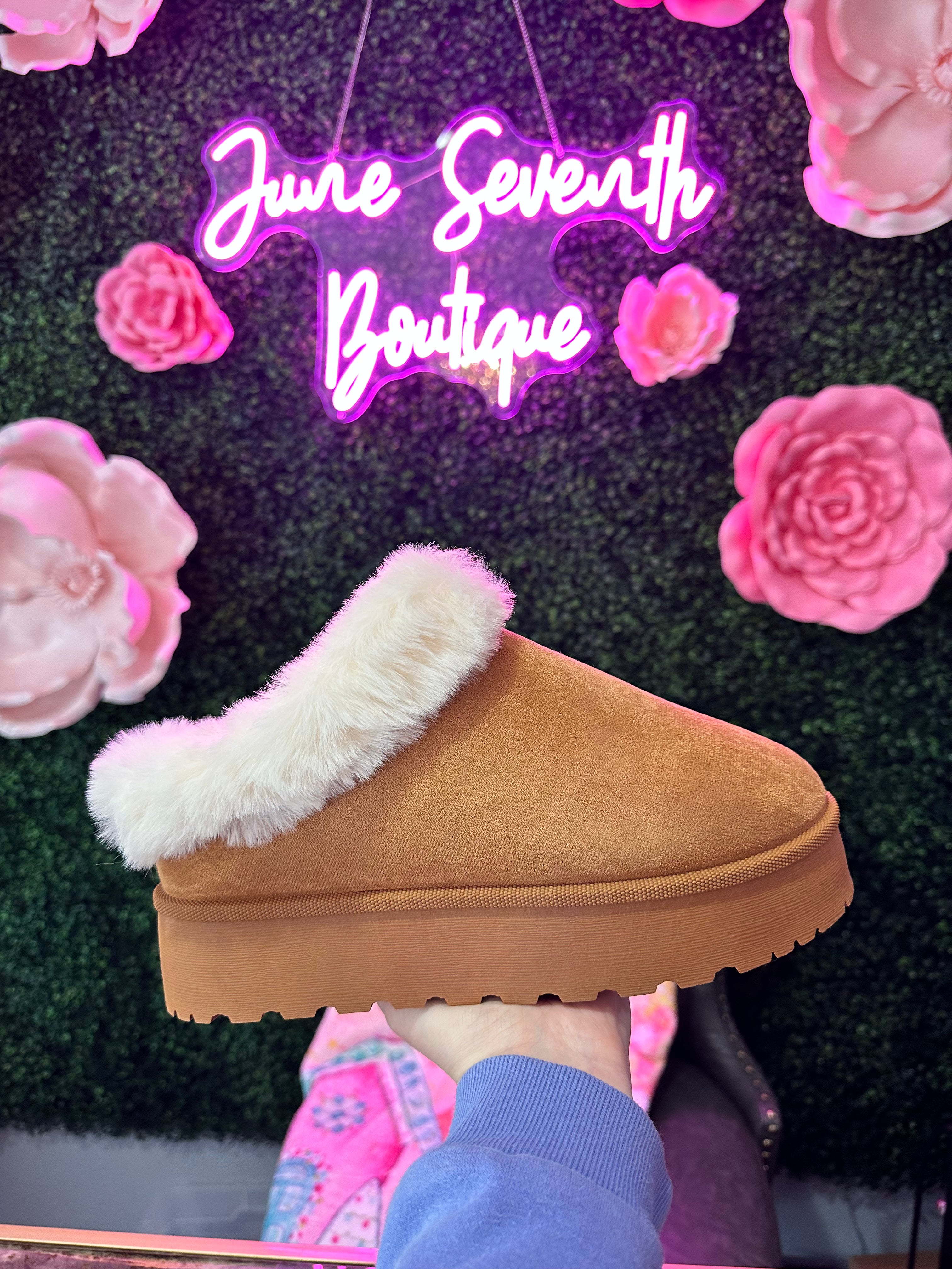Fuzzy Cozy Slippers Tan June Seventh Boutique