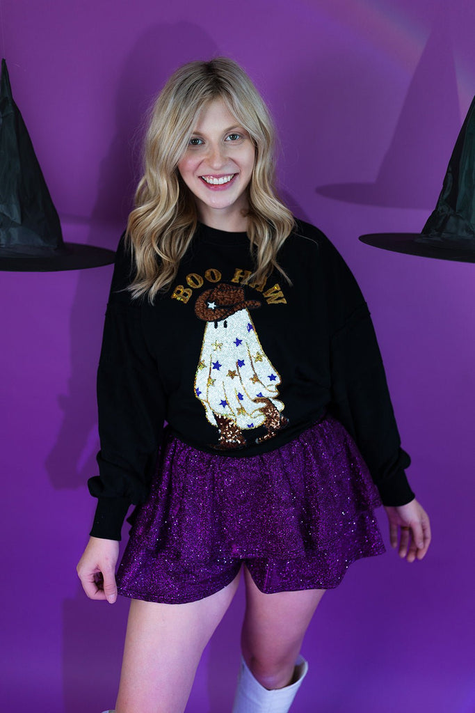 Boo Haw sequin ghost embroidered halloween sweatshirt - June Seventh Boutique