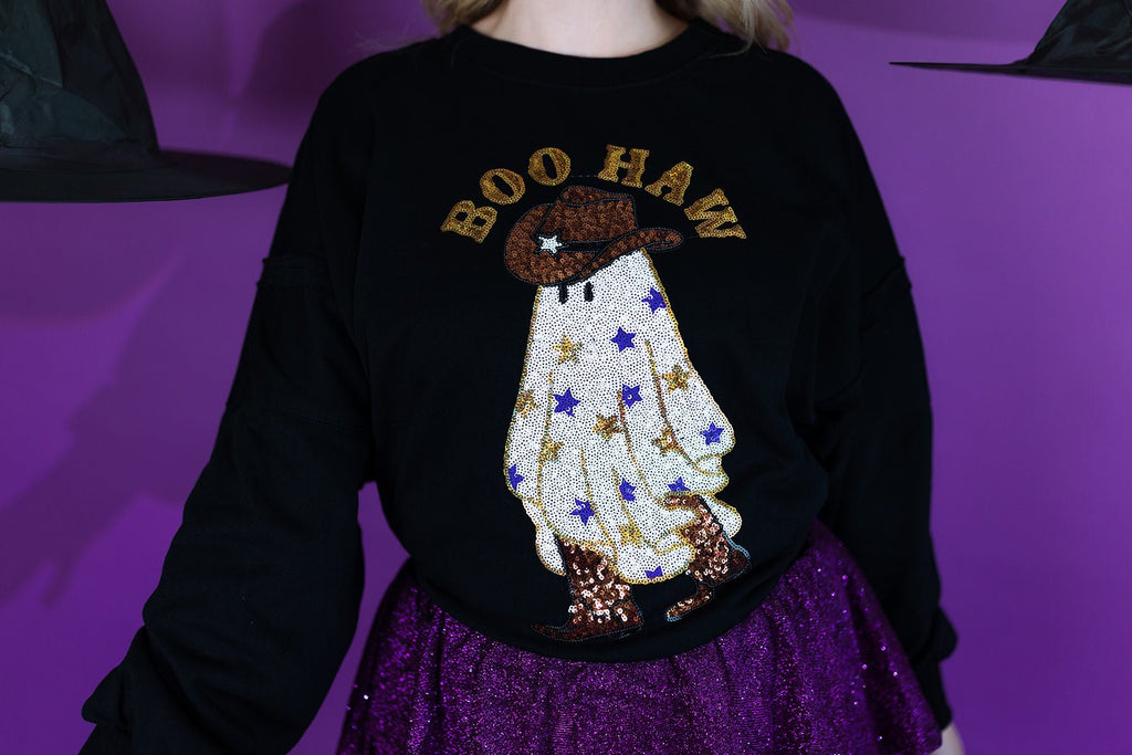 Boo Haw sequin ghost embroidered halloween sweatshirt - June Seventh Boutique