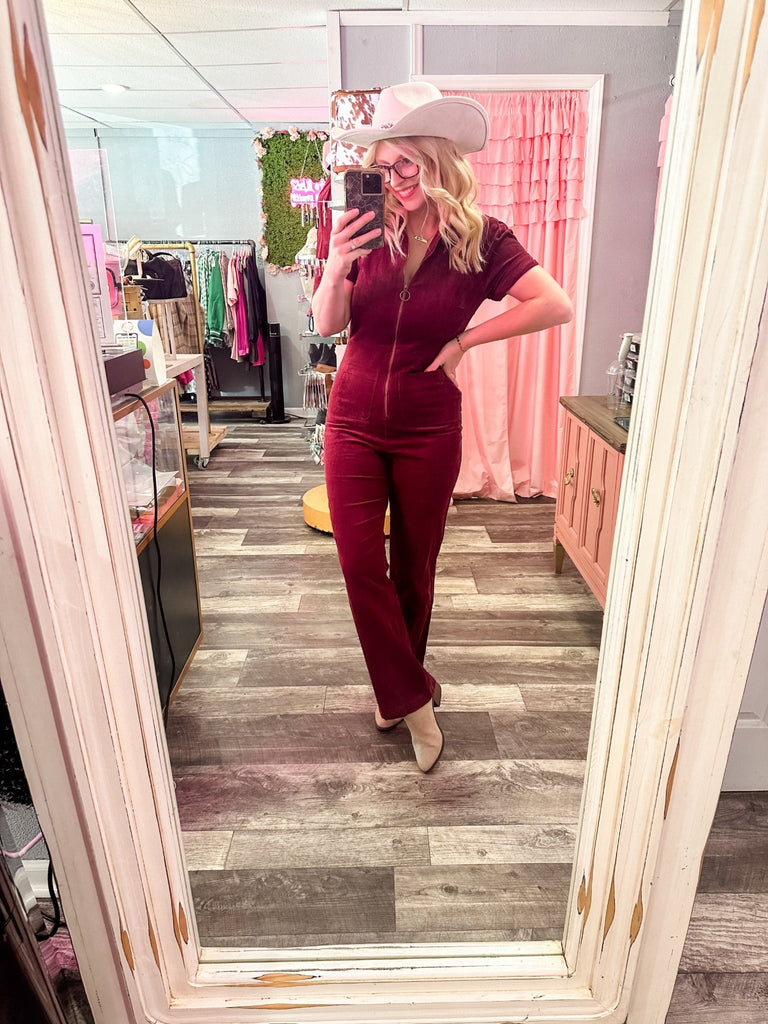 Corduroy Jumpsuit Wine - June Seventh Boutique