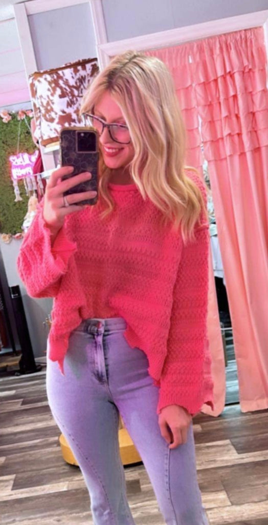 Cozy season crochet frayed sweater pink - June Seventh Boutique