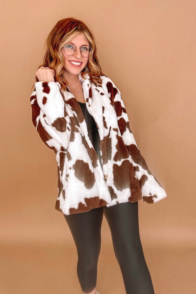 Dottie Cow Print faux fur jacket coat-brown - June Seventh Boutique