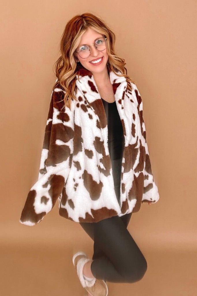 Dottie Cow Print faux fur jacket coat-brown - June Seventh Boutique