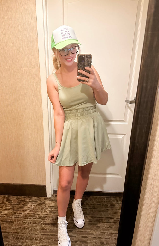 Girl on the move tennis dress with built in shorts sage green - June Seventh Boutique