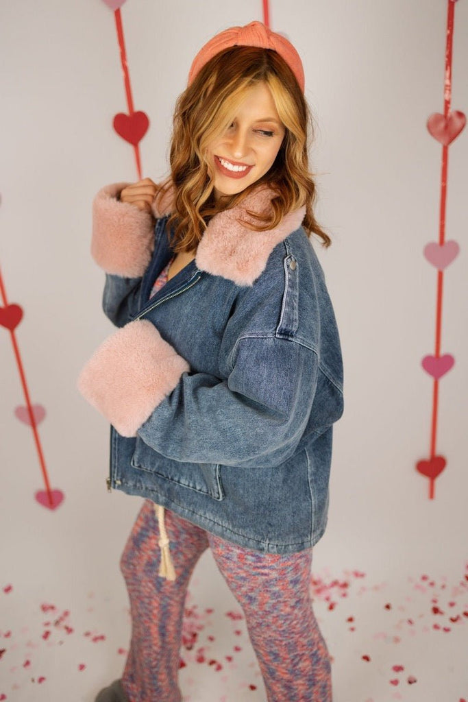 Klaire Jacket- denim with pink fur - June Seventh Boutique