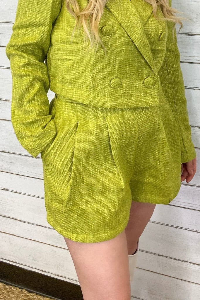 Meredith Chartreuse Shorts - June Seventh Boutique