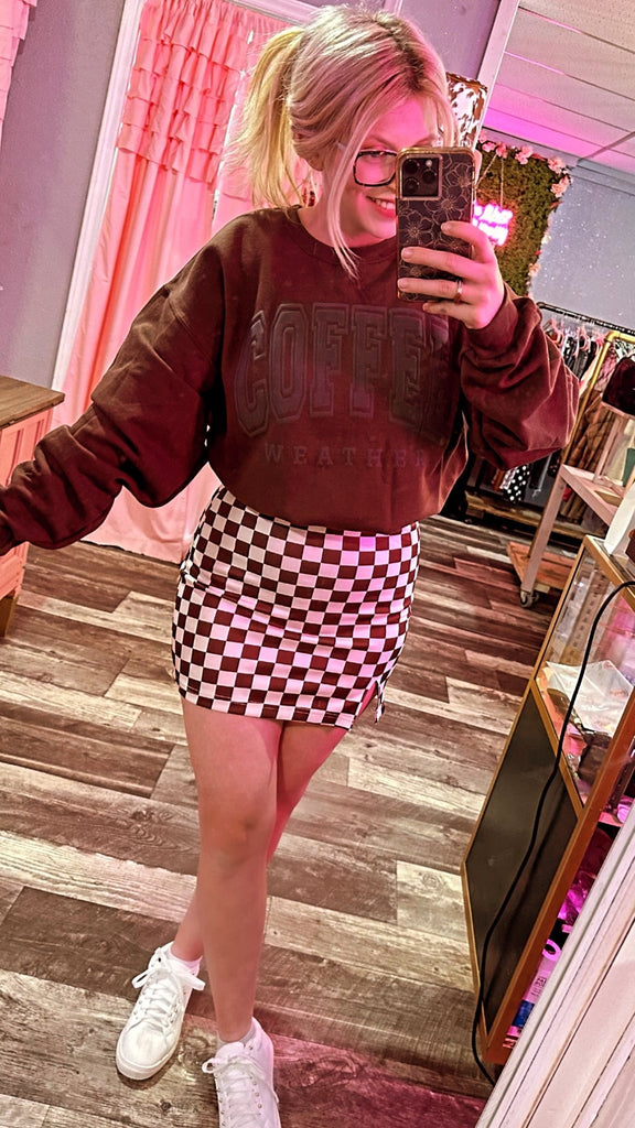 Mocha Checkered Skirt - June Seventh Boutique