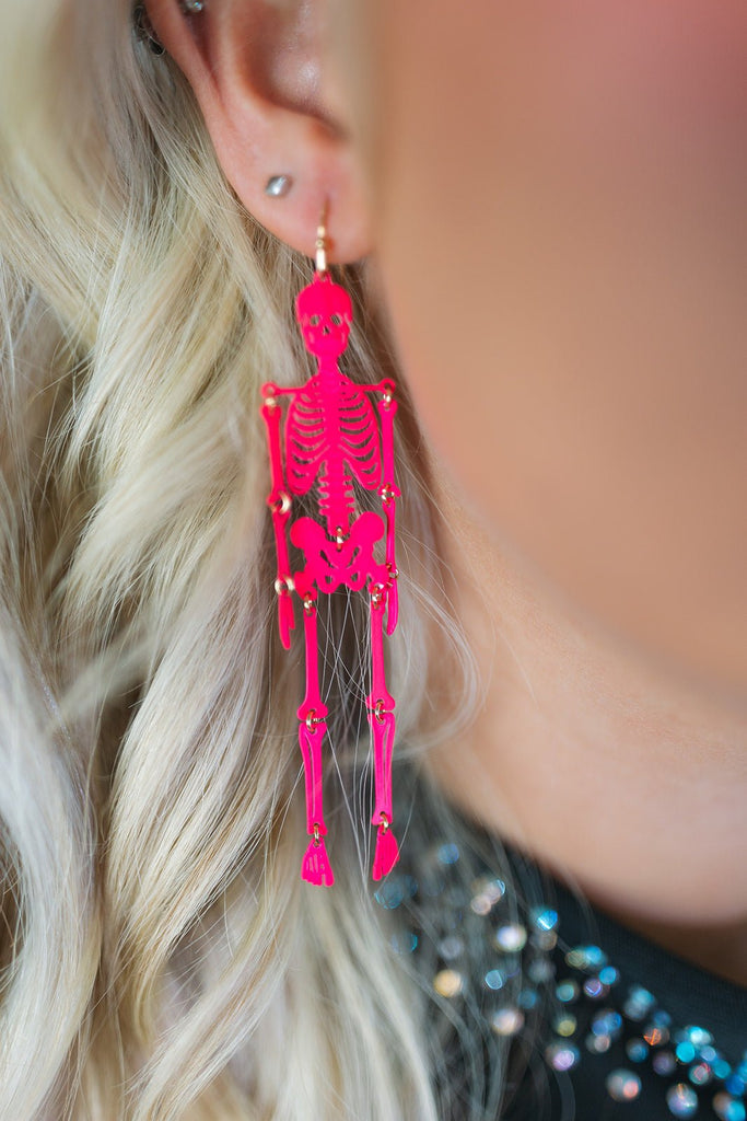 Neon Pink dangle skeleton earrings - June Seventh Boutique