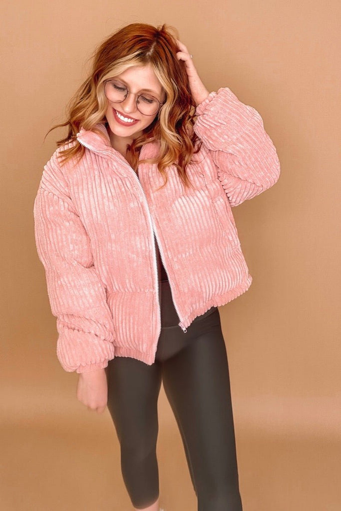 Safe and Sound Pink corduroy puffer jacket - June Seventh Boutique