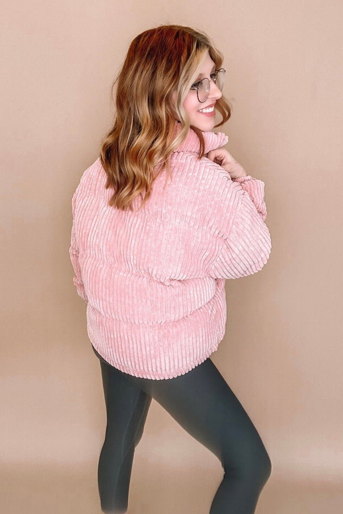 Safe and Sound Pink corduroy puffer jacket - June Seventh Boutique