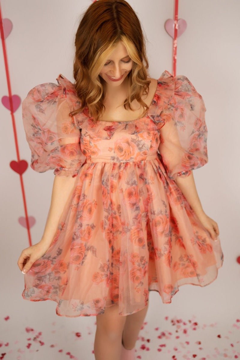 Taylor rose floral organza ruffle sleeve babydoll dress