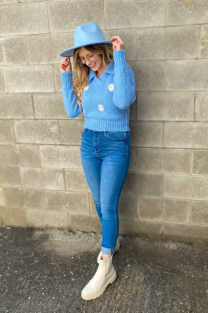 Whoopsie Daisy Sweater- blue - June Seventh Boutique
