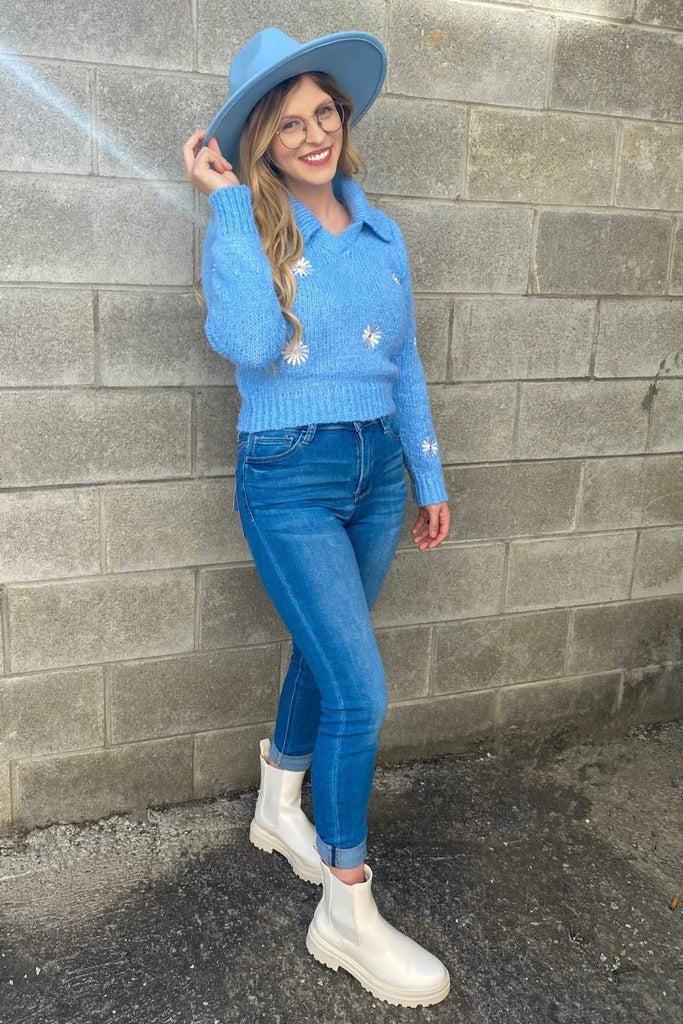 Whoopsie Daisy Sweater- blue - June Seventh Boutique