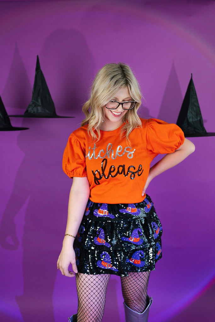 Witches Please Patch Tee with wavy sequin hem - June Seventh Boutique