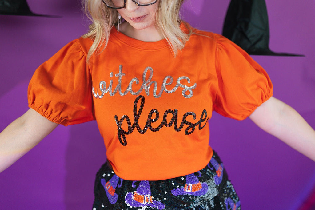 Witches Please Patch Tee with wavy sequin hem - June Seventh Boutique